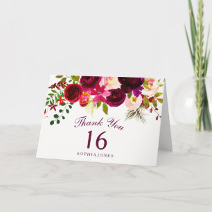Burgundy Red Floral Boho 16e verjaardag Bedankkaart