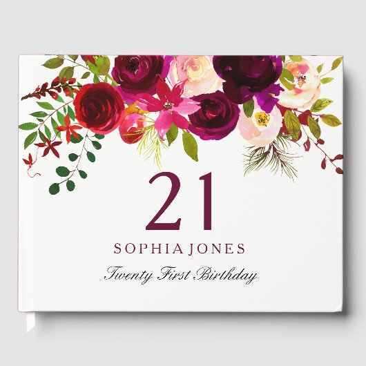 Burgundy Red Floral Boho 21e verjaardag Gastenboek (Voorkant)