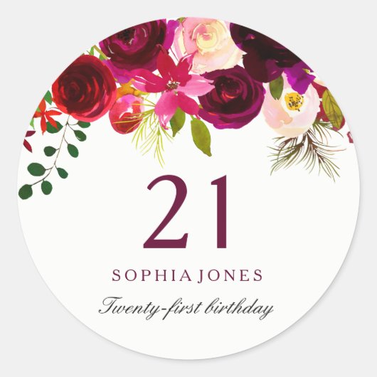 Burgundy Red Floral Boho 21e verjaardag Ronde Sticker (Voorkant)
