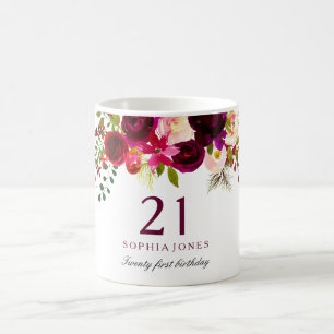 Burgundy Red Floral Boho 21st Birthday Gift Koffiemok