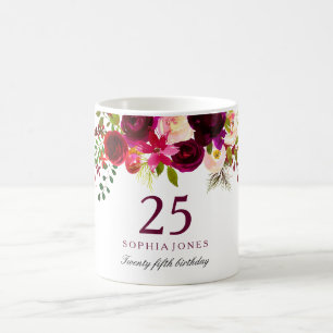 Burgundy Red Floral Boho 25th Birthday Gift Koffiemok