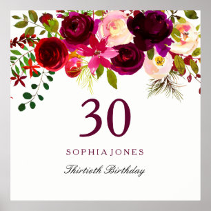Burgundy Red Floral Boho 30th Birthday Party Poster