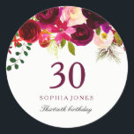 Burgundy Red Floral Boho 30th Birthday Party Ronde Sticker<br><div class="desc">Burgundy Red Floral Boho 30th Birthday Party Sticker pleit voor zeehonden Bekijk onze winkel voor een passende uitnodiging,  Envelope en luiers</div>