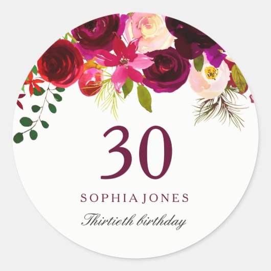 Burgundy Red Floral Boho 30th Birthday Party Ronde Sticker (Voorkant)
