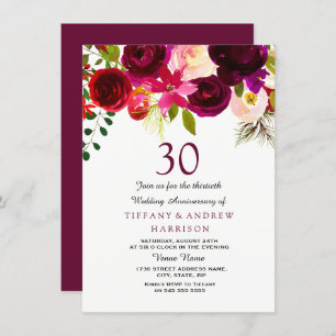 Burgundy Red Floral Boho 30th Wedding Jubileum Kaart
