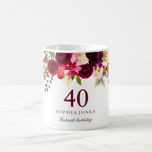 Burgundy Red Floral Boho 40th Birthday Gift Koffiemok (Center)