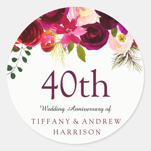 Burgundy Red Floral Boho 40th Wedding Jubileum Ronde Sticker (Voorkant)