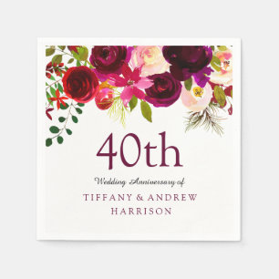Burgundy Red Floral Boho 40th Wedding Jubileum Servet