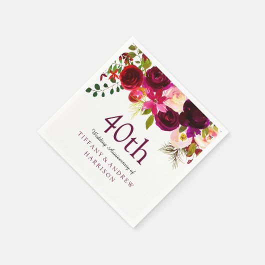 Burgundy Red Floral Boho 40th Wedding Jubileum Servet (Hoek)