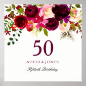 Burgundy Red Floral Boho 50th Birthday Party Poster (Voorkant)