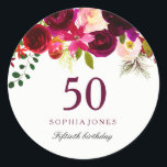 Burgundy Red Floral Boho 50th Birthday Party Ronde Sticker<br><div class="desc">Burgundy Red Floral Boho 50th Birthday Party Sticker pleit voor zeehonden Bekijk onze winkel voor een passende uitnodiging,  Envelope en luiers</div>