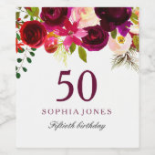 Burgundy Red Floral Boho 50th Birthday Party Wijn Etiket (Enkel label)