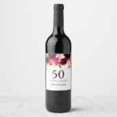 Burgundy Red Floral Boho 50th Birthday Party Wijn Etiket (Voorkant)