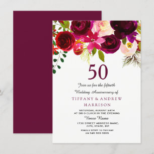 Burgundy Red Floral Boho 50th Wedding Jubileum Kaart