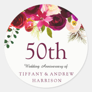 Burgundy Red Floral Boho 50th Wedding Jubileum Ronde Sticker