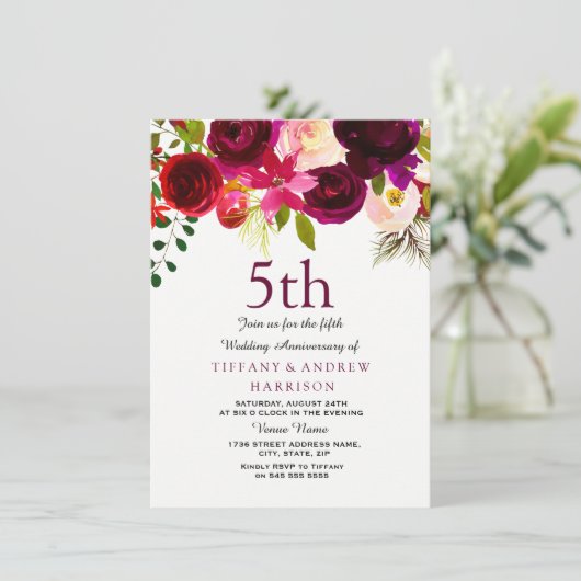 Burgundy Red Floral Boho 5th Wedding Jubileum Kaart (Staand voorkant)