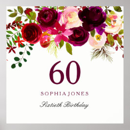Burgundy Red Floral Boho 60th Birthday Party Poster
