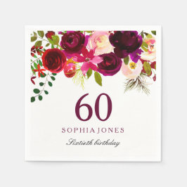 Burgundy Red Floral Boho 60th Birthday Party Servet
