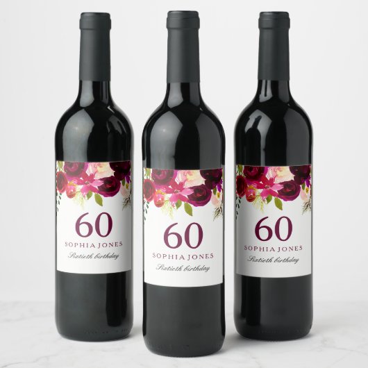 Burgundy Red Floral Boho 60th Birthday Party Wijn Etiket (Flessen)