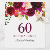 Burgundy Red Floral Boho 60th Birthday Party Wijn Etiket (Enkel label)