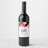 Burgundy Red Floral Boho 60th Birthday Party Wijn Etiket (Voorkant)