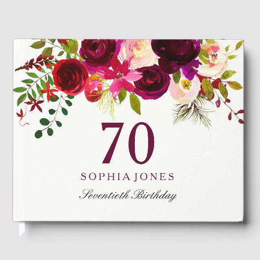 Burgundy Red Floral Boho 70th Birthday Party Gastenboek (Voorkant)
