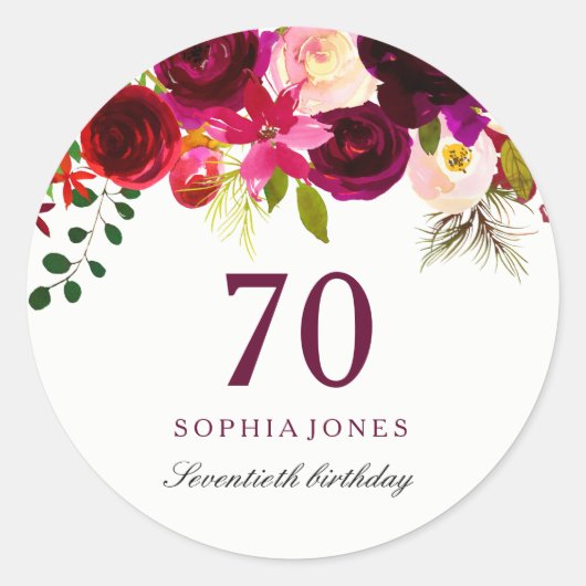 Burgundy Red Floral Boho 70th Birthday Party Ronde Sticker (Voorkant)