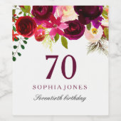 Burgundy Red Floral Boho 70th Birthday Party Wijn Etiket (Enkel label)