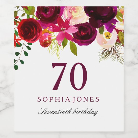 Burgundy Red Floral Boho 70th Birthday Party Wijn Etiket (Enkel label)