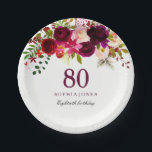 Burgundy Red Floral Boho 80th Birthday Party Papieren Bordje<br><div class="desc">Burgundy Red Floral Boho 80th Birthday Party Zie overeenkomende objecten hieronder</div>