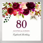 Burgundy Red Floral Boho 80th Birthday Party Poster (Voorkant)