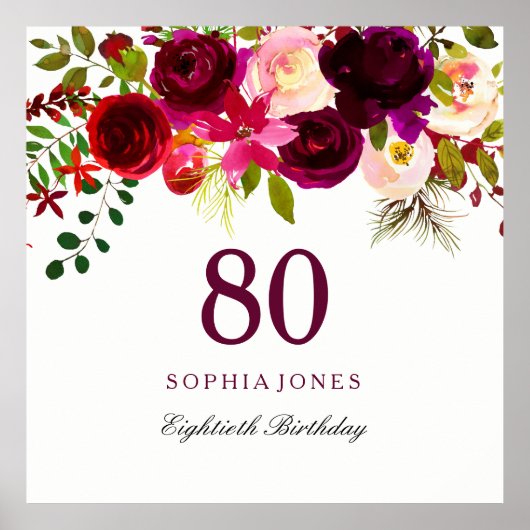 Burgundy Red Floral Boho 80th Birthday Party Poster (Voorkant)