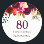Burgundy Red Floral Boho 80th Birthday Party Ronde Sticker<br><div class="desc">Burgundy Red Floral Boho 80th Birthday Party LoveHeart Sticker bepleit zeehond Bekijk onze winkel voor passende uitnodiging,  envelop en luiers</div>