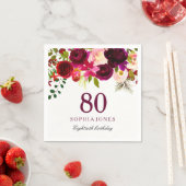 Burgundy Red Floral Boho 80th Birthday Party Servetten (Insitu)