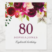 Burgundy Red Floral Boho 80th Birthday Party Wijn Etiket (Enkel label)