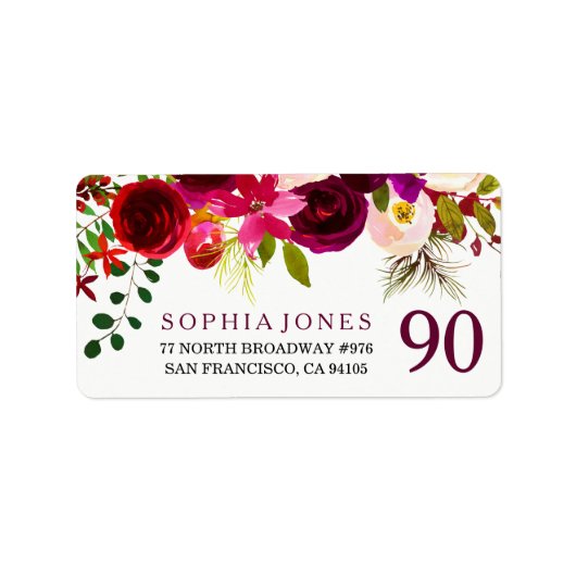 Burgundy Red Floral Boho 90th Birthday Party Etiket (Voorkant)