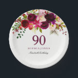 Burgundy Red Floral Boho 90th Birthday Party Papieren Bordje<br><div class="desc">Burgundy Red Floral Boho 90th Birthday Party Zie overeenkomende objecten hieronder</div>