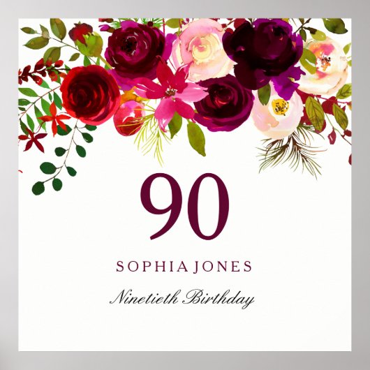 Burgundy Red Floral Boho 90th Birthday Party Poster (Voorkant)