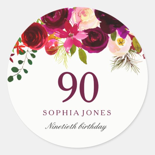 Burgundy Red Floral Boho 90th Birthday Party Ronde Sticker (Voorkant)