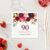Burgundy Red Floral Boho 90th Birthday Party Servetten (Insitu)