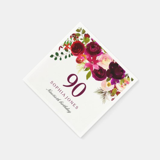 Burgundy Red Floral Boho 90th Birthday Party Servetten (Hoek)