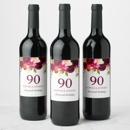 Burgundy Red Floral Boho 90th Birthday Party Wijn Etiket (Flessen)