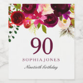 Burgundy Red Floral Boho 90th Birthday Party Wijn Etiket (Enkel label)