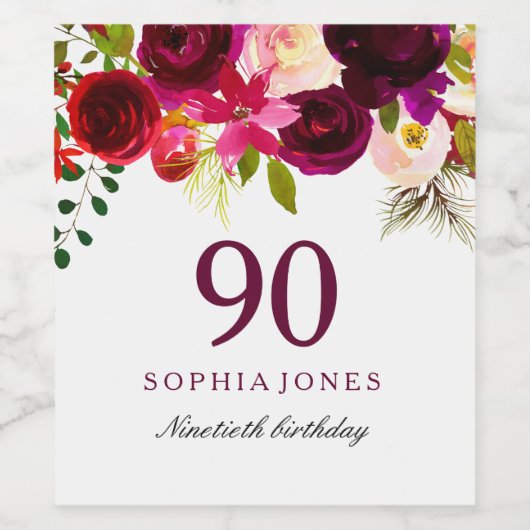 Burgundy Red Floral Boho 90th Birthday Party Wijn Etiket (Enkel label)