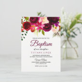 Burgundy Red Floral Boho Baby Girl Baptism Invite Kaart (Staand voorkant)