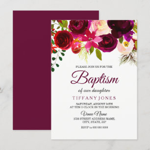 Burgundy Red Floral Boho Baby Girl Baptism Invite Kaart