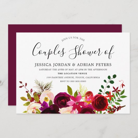 Burgundy Red Floral Boho Couples Shower Invite Kaart (Voorkant / Achterkant)