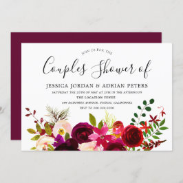 Burgundy Red Floral Boho Couples Shower Invite Kaart