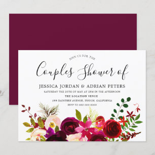 Burgundy Red Floral Boho Couples Shower Invite Kaart