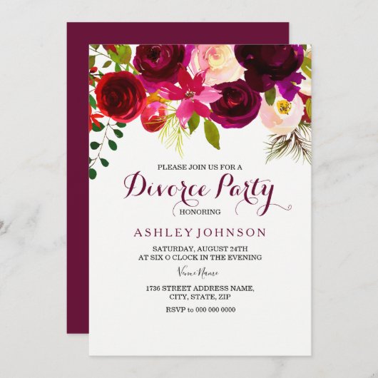 Burgundy Red Floral Boho Divorce Party Invite Kaart (Voorkant / Achterkant)